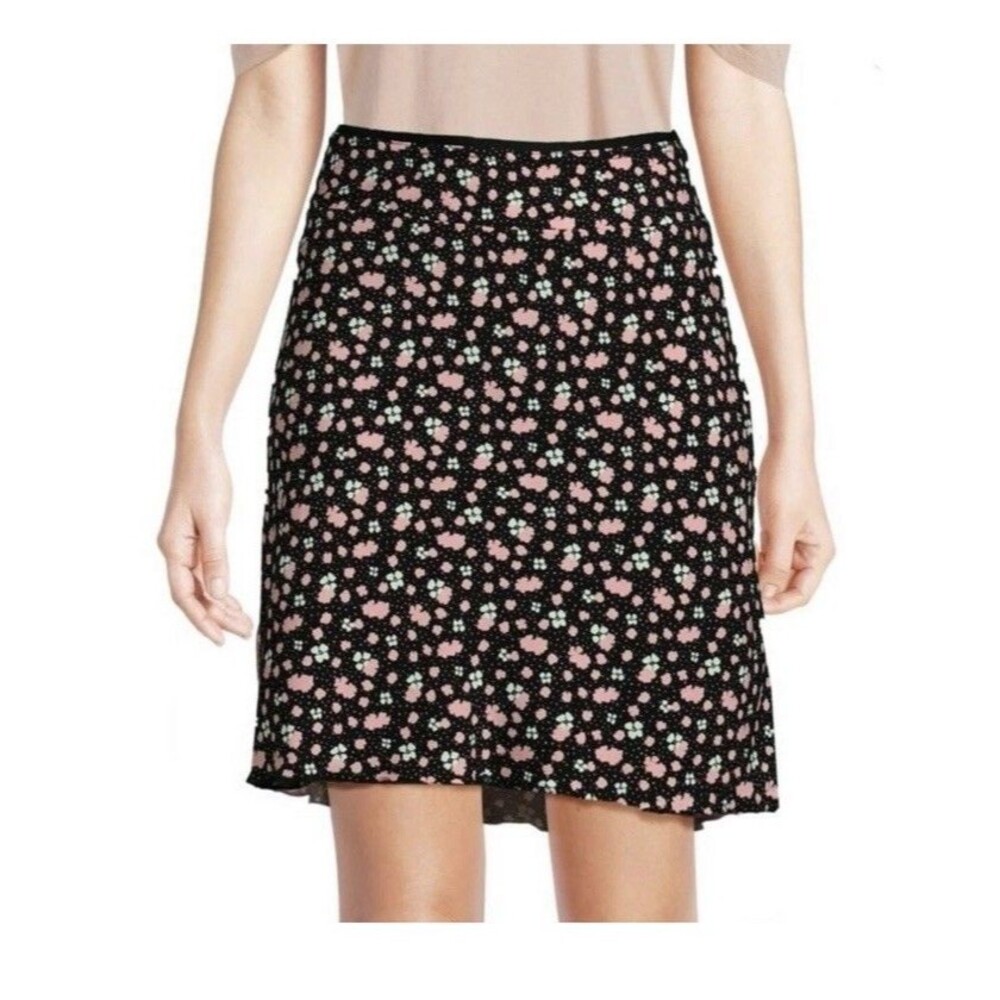 Free People Black Floral A-Line Skirt with Pink & White Flowers